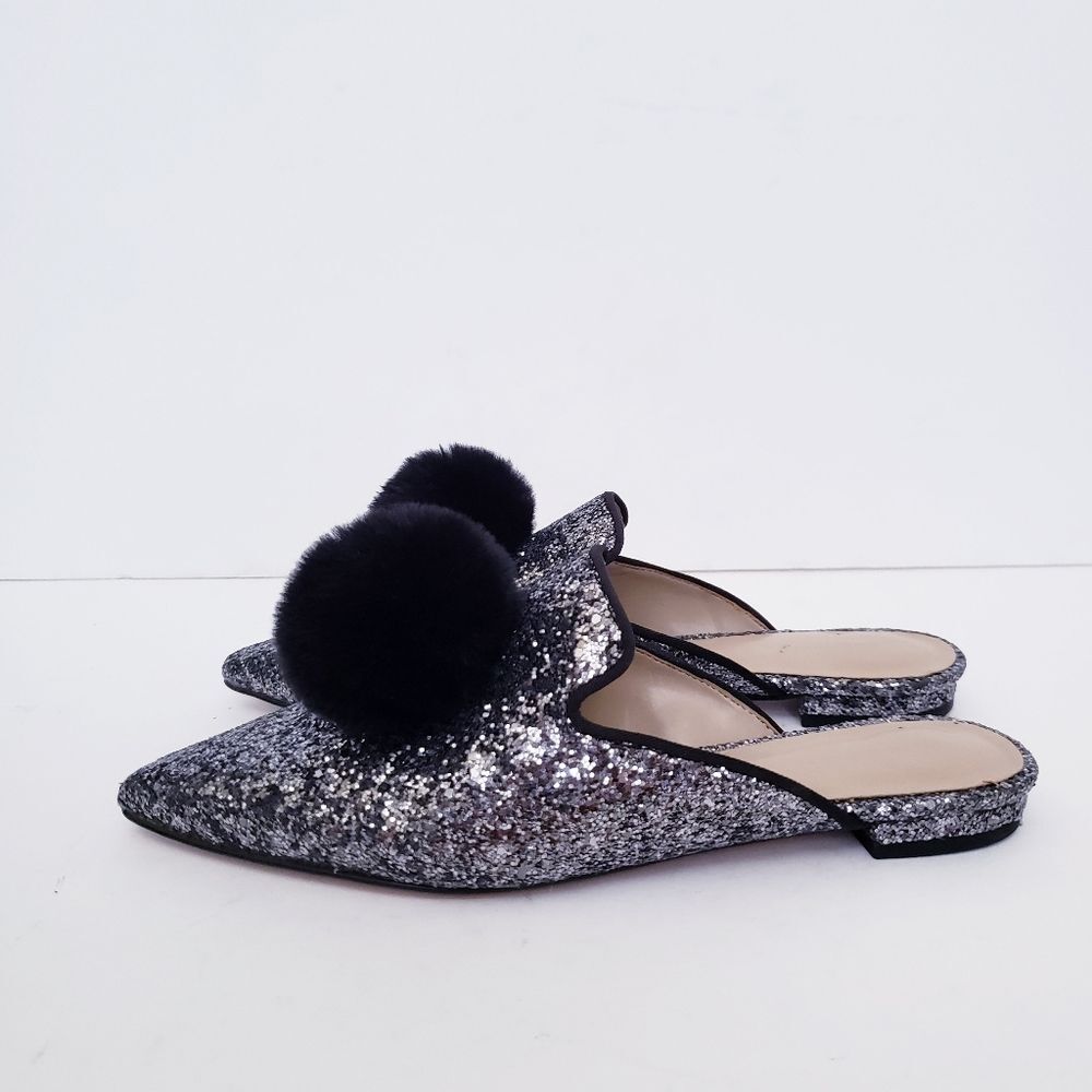 Ann Taylor Metallic Glitter Pom Pom Silver Black Mules - Picture 6 of 11